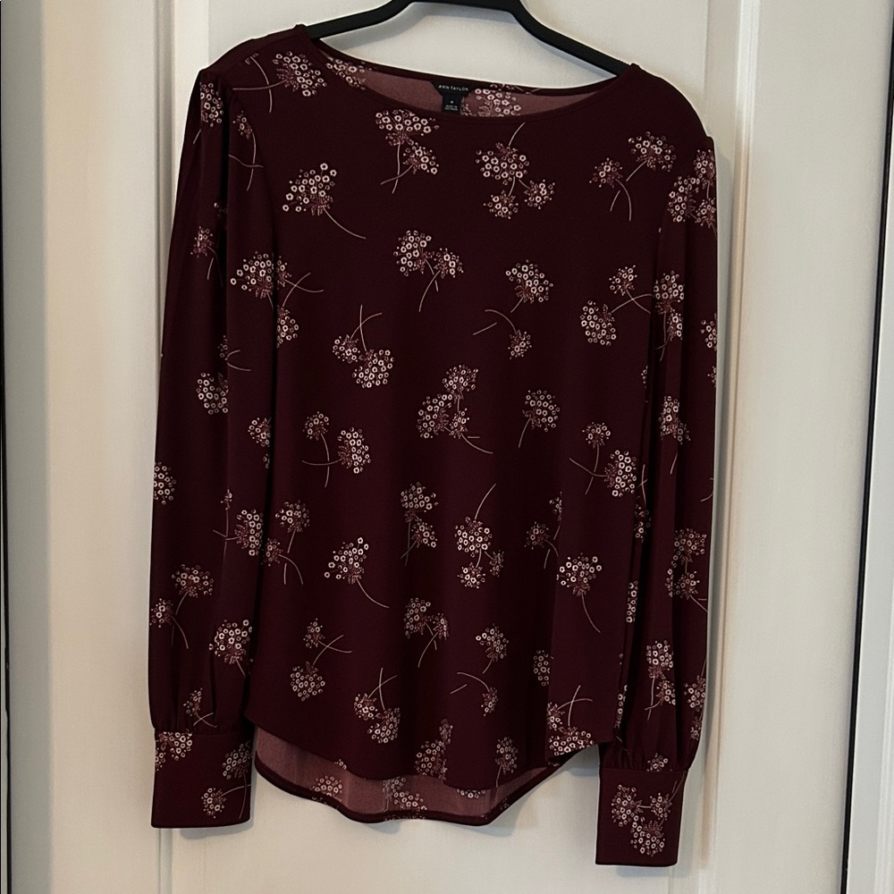 Ann Taylor Burgundy Floral Long Sleeve Top